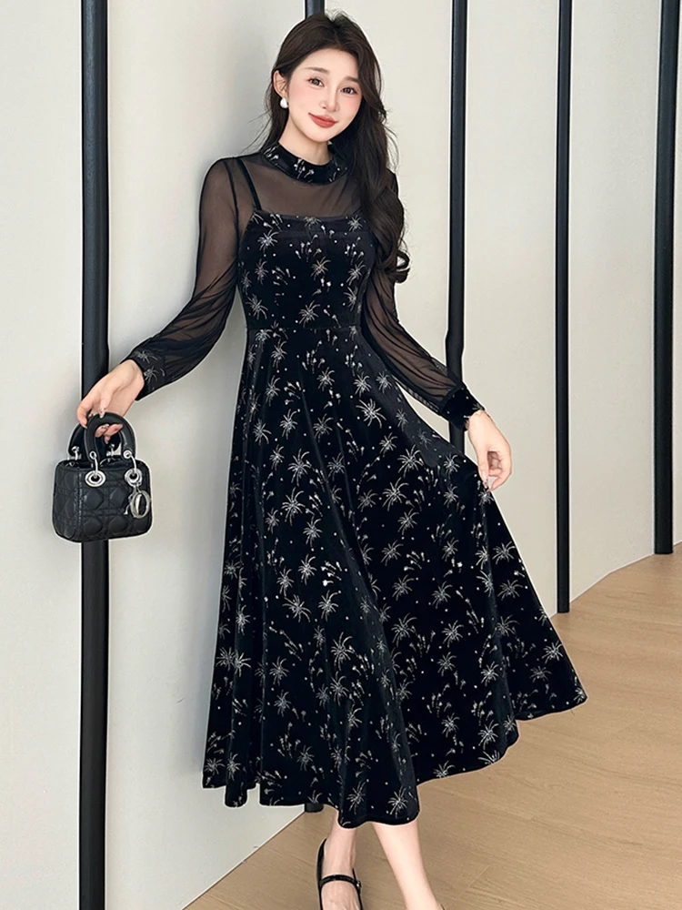 المرأة الكورية خمر هيبورن فستان فاخر الدعاوى الخريف الشتاء الأسود المخملية المرقعة فستان شبكي 2025 أنيقة Bodycon فستان الحفلات