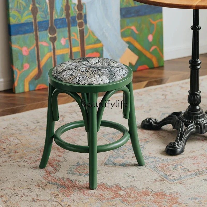 

01French green stool home retro premium makeup stool solid wood soft bag