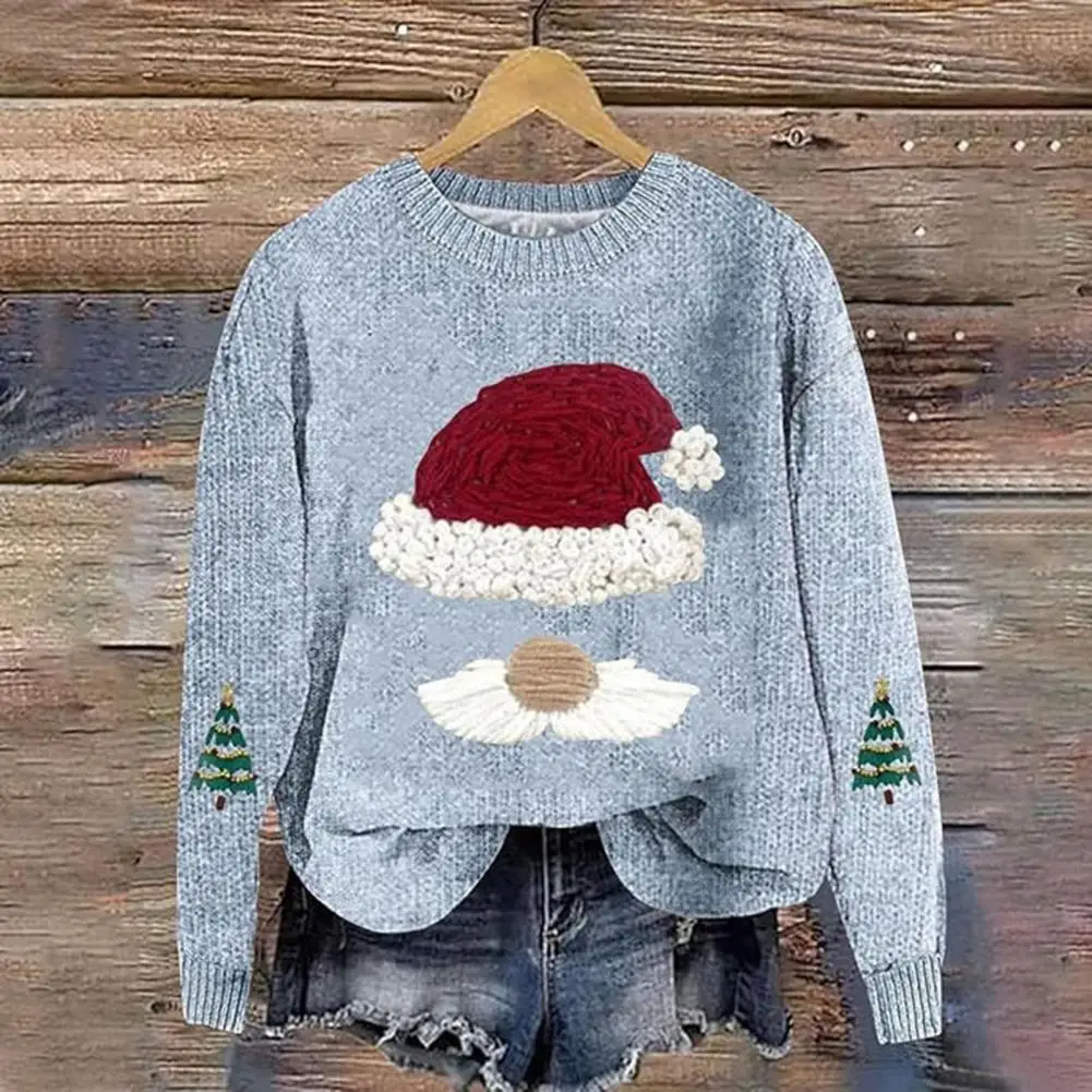 Women Sweatshirt 3D Santa Hat Round Neck Sweater Loose Thick Pulliver Knitted New Year Winter Top Keep Warm School Sweatshirt