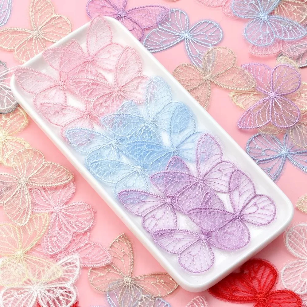 100pcs 4.5CM Embroidery Lace Butterfly Appliques 3D DIY Handmade Simulation Mesh Butterfly Patch Dreamy Sewing Craft Decoration