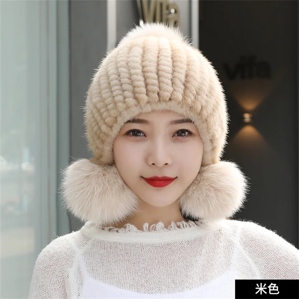 Winter Fur Caps Real Mink Fur Hat For Women Knitted Mink Fur Ear Warm Cap The Spiral Beanies Cap With Fox Fur Pompom On The Top