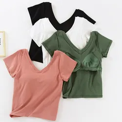 Cotton Short-Sleeve T-Shirt Chest Pads Women's Summer One-Piece Sleep Tops V-Neck Outer Wear Slim Sleepwear 1 Pcs Pajamas