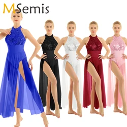 Womens Sequined Mesh Maxi Lyrical Dance Dress High Split Halter Ballet Dance Leotard Adults Stage Performance Dress Dancewear