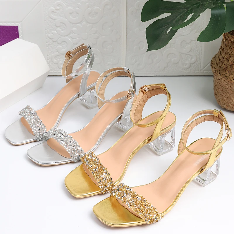 Rhinestone strap, mid-heel sandals, women\'s transparent crystal heel, sexy and versatile, fashion women\'s shoes, banquet shoes,