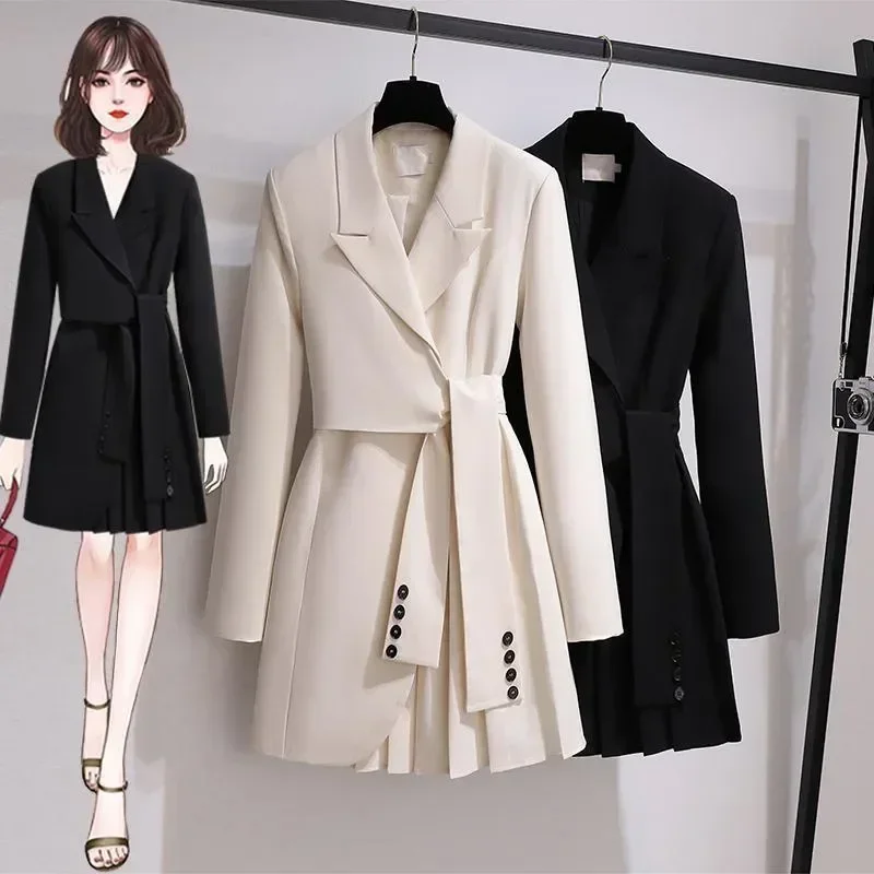 

Women Belt Jacket New Notched Collar Long Sleeve Female Coat Fashion Autumn Blazer Dress Lace Up Sashes Slim Fitting Dress D04