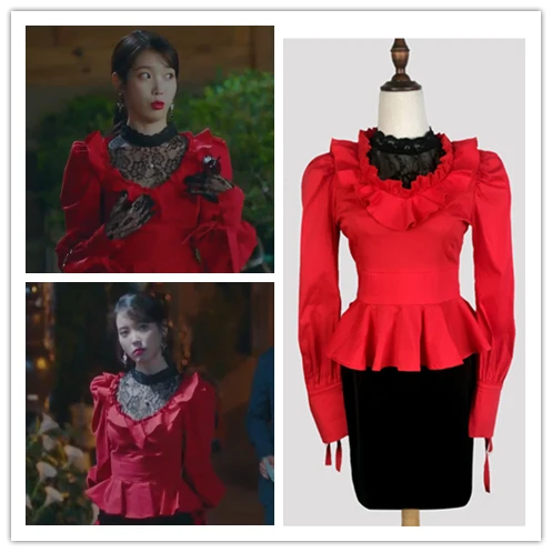 2 Piece Set Women Sexy Red Blouses Shirt Black Lace Tops + Slim Long Skirts Women DEL LUNA Hotel IU Korea Star Office Lady Suits