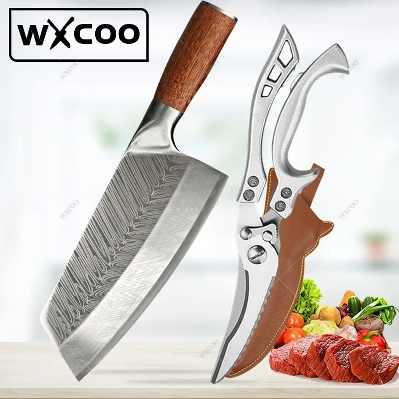 WXCOO Professional Kitchen Scissors Chef Knife Set Meat Vegetables Slicing Knife Stainless Steel Butcher Cleaver Knife