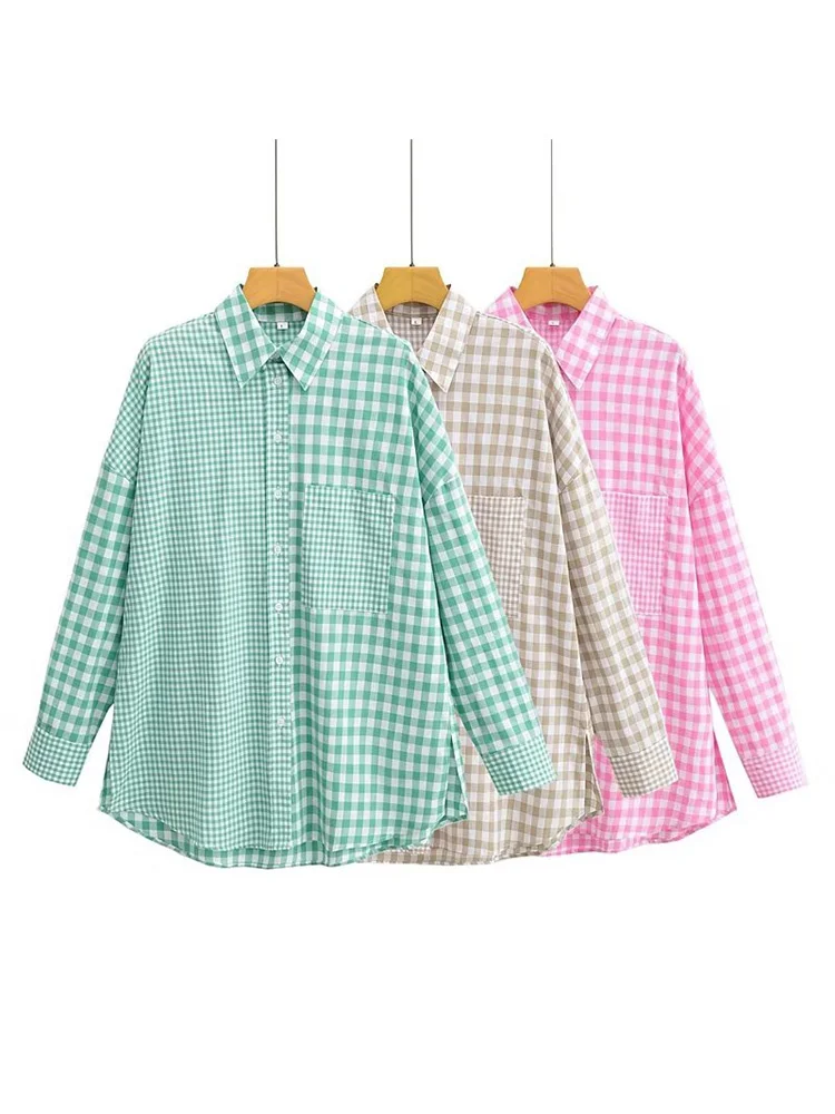 

Woman Casual Oversized Plaid Patchwork Shirt 2022 Spring Girls Chic Long Sleeve Shirts Female Chic Loose Soft Shirts