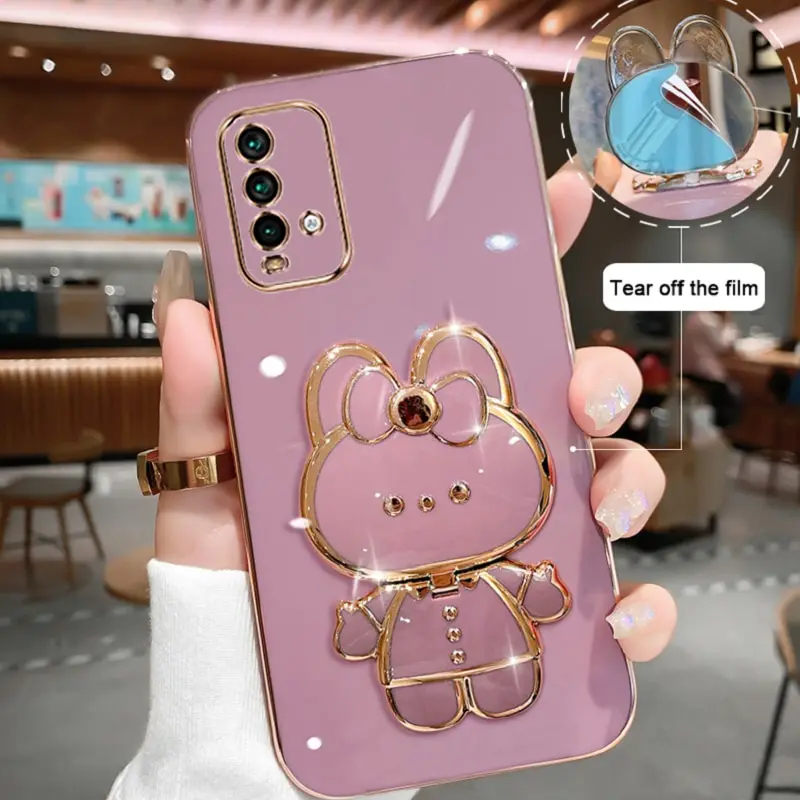 

Makeup Mirror Phone Case For Xiaomi Redmi 9T Plating Cartoon Rabbit Folding Bracket Phone Protection Case Cover