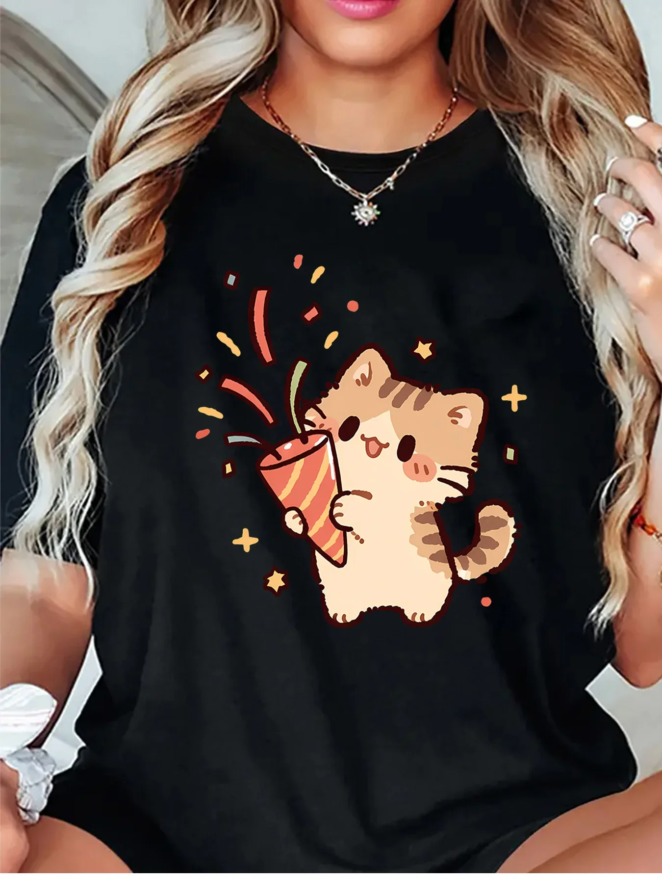 Cute Party Confetti Kitten Cartoon Graphic Womens T Shirt Short Sleeve Crew Neck Festive Animal Casual Daily Ladies Tee Tops