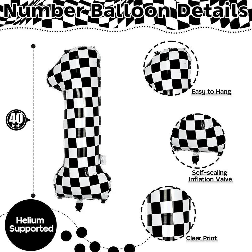 40 Zoll karierter digitaler Ballon, große schwarz-weiße Zahl 0–9, Folienballons für Rennwagen, Geburtstag, Motor, Party, Dekoration – Detail 1