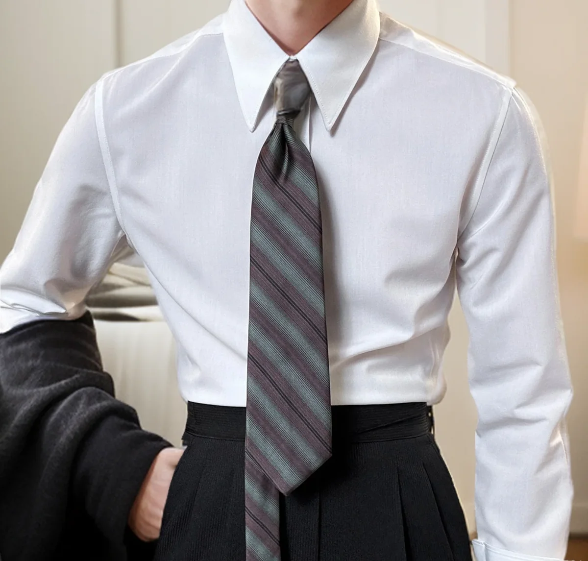 Men's Sharp Pointed Collar Long Sleeve Shirt, 5 Colors Khaki Green Blue White Grey, Business Casual Formal Button Down Tops