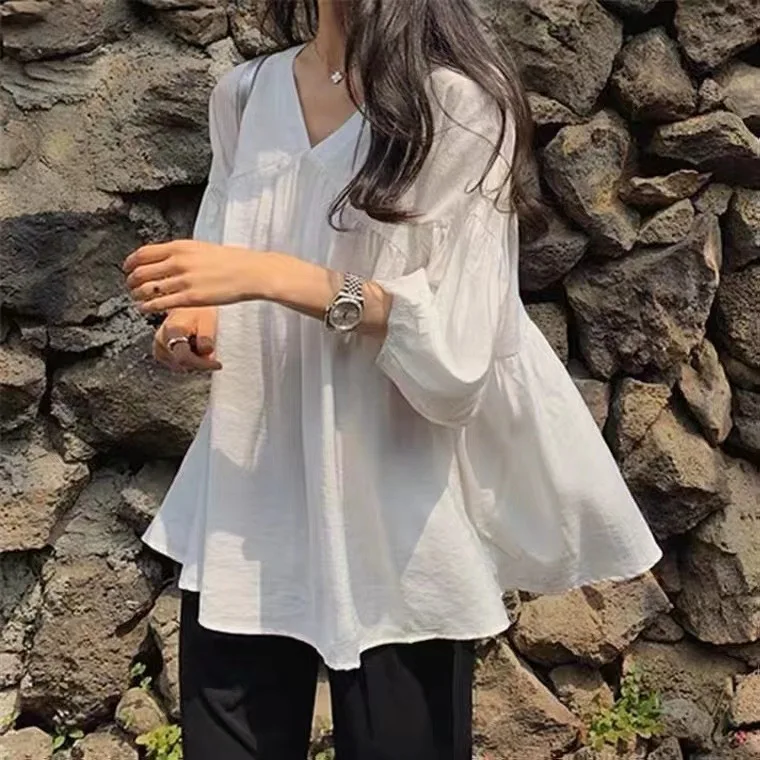 Women V Neck Gathered Bust Blouse Loose Puff 3/4 Lantern Sleeve Shirts Wrinkle Textured Fabric Blouses ﻿ ﻿ view 2