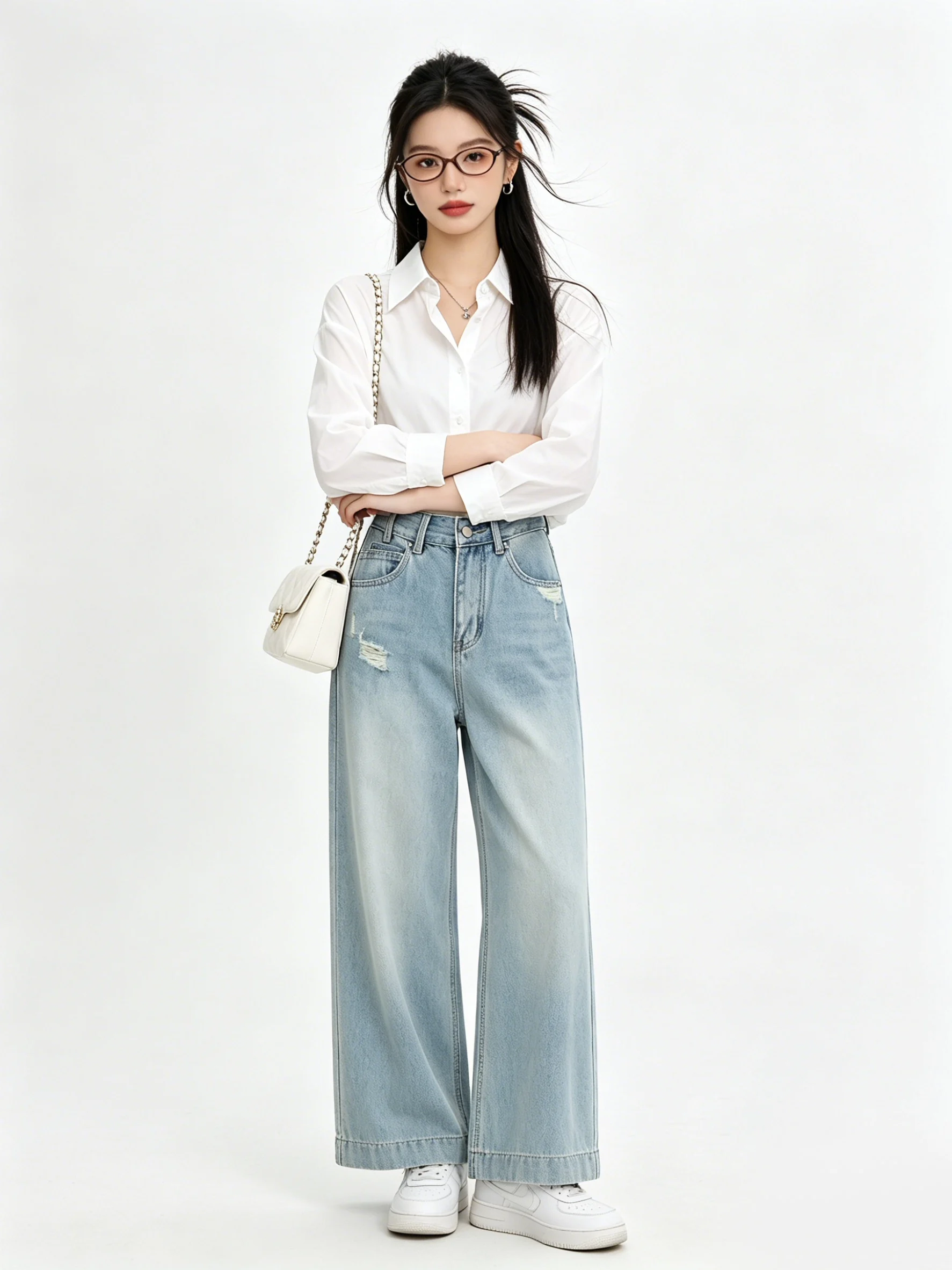 

High Waist Wide Leg Jeans Korean Style Denim Pants Hole Design Slimming Light Color Straight Cut Versatile Commuting