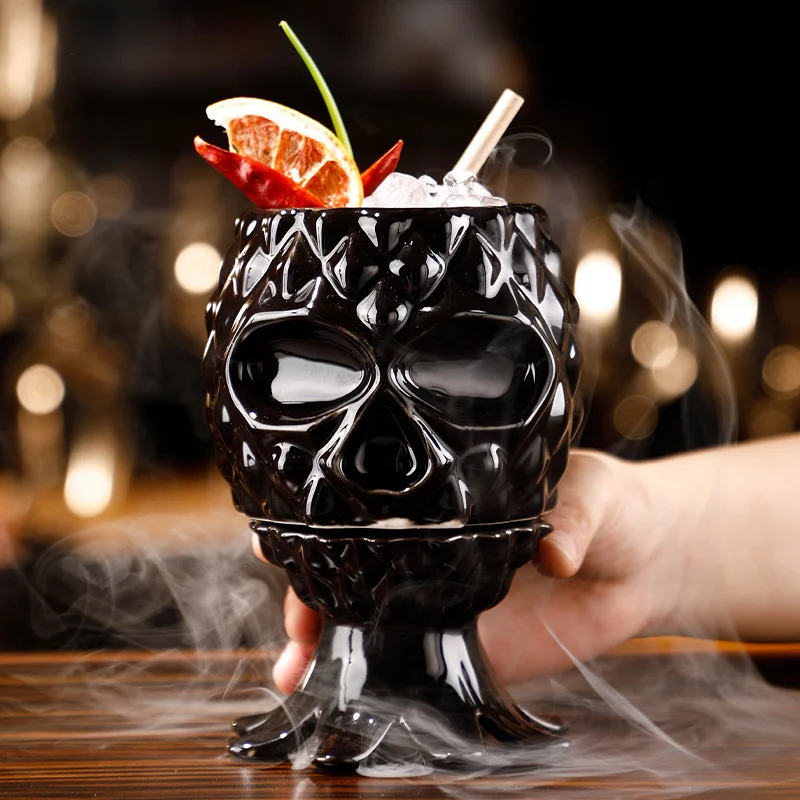 

Black Octopus TIKI Mug Ceramic Cocktail Glass Beach Party Drinking Cup Wineglass Cool Skull Pineapple Smoothie Juice Container
