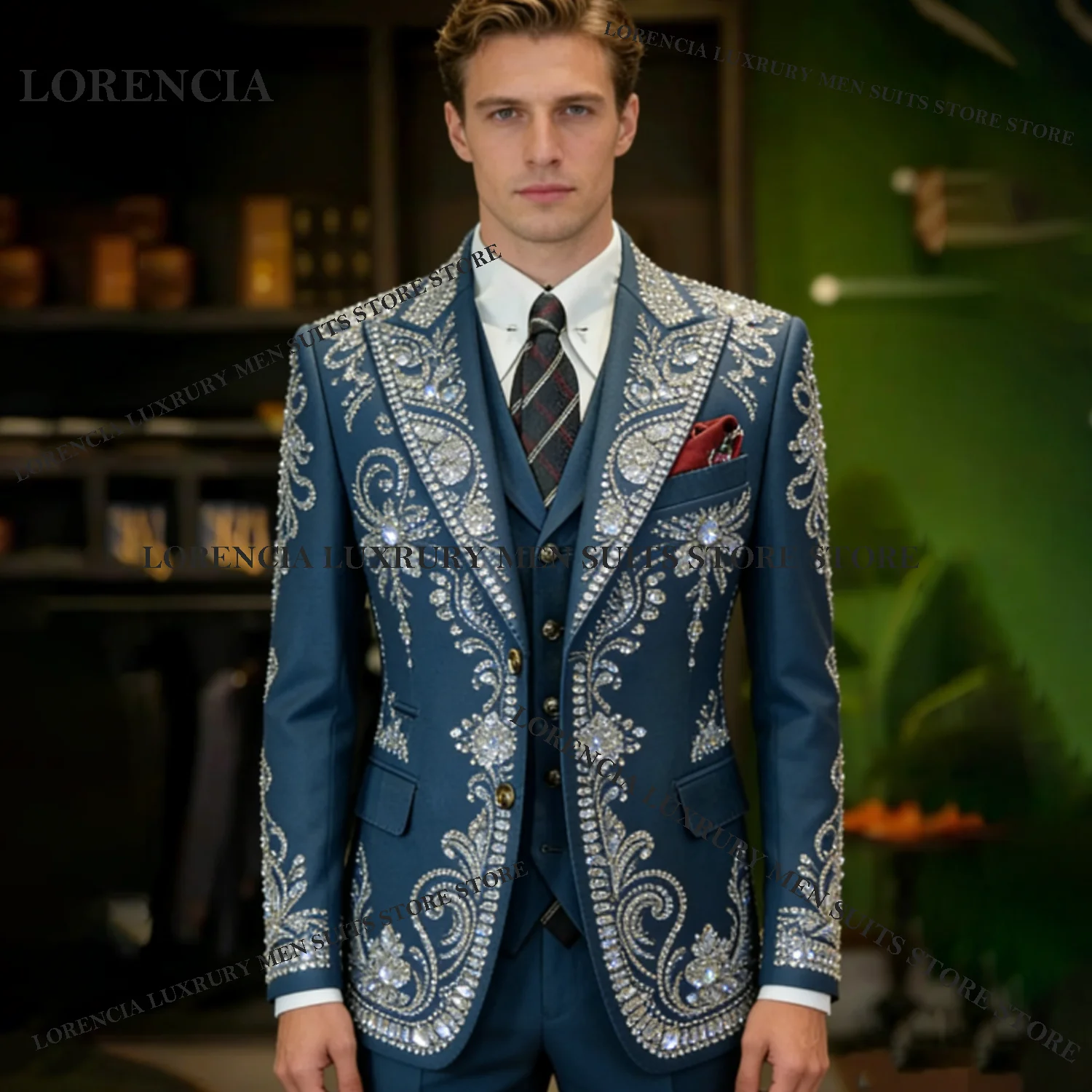 

Customized Handmade Sequin Men suits For Wedding Groom Crystal Diamond Male Prom Party Luxury Blazer 3 Pieces Sets Tuxedos Slim