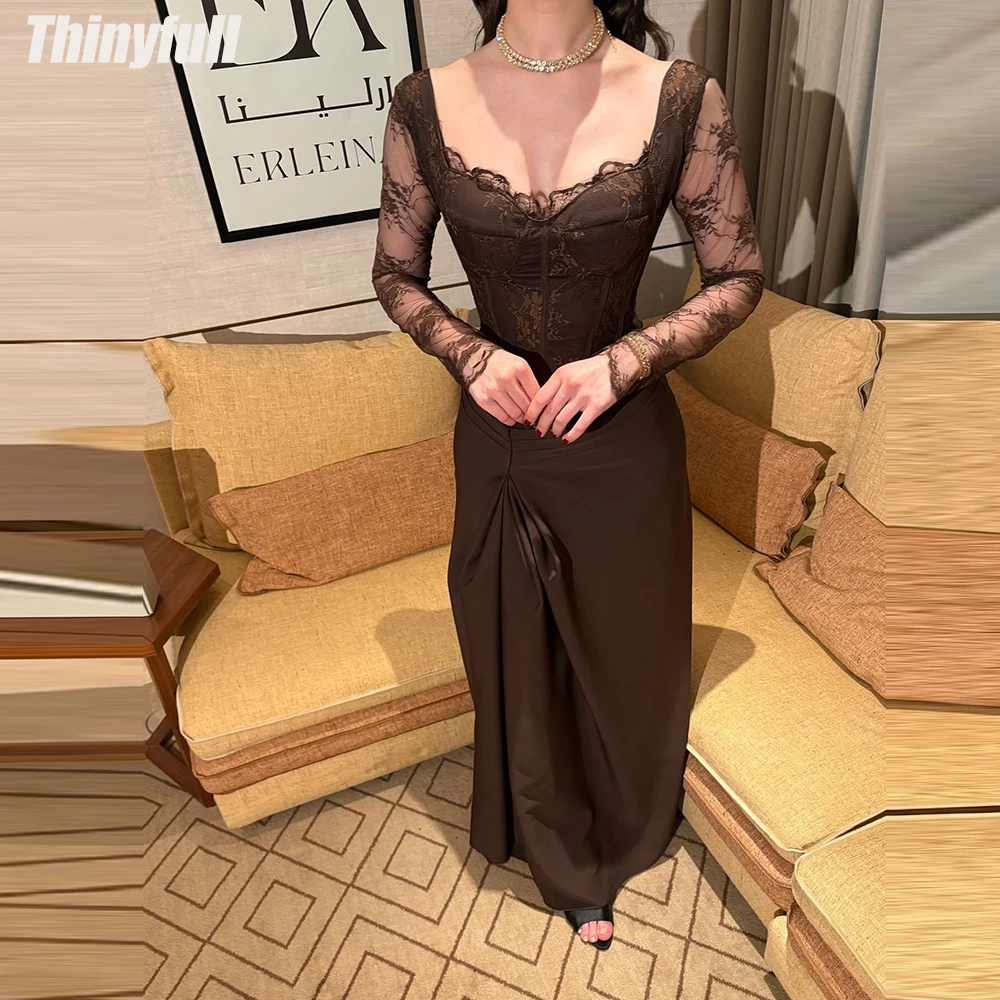 

Thinyfull Mermaid Satin/Lace Prom Dresses Long Sleeves Arab Evening Party Gown 2026 Long Dress robes de soirée Customized