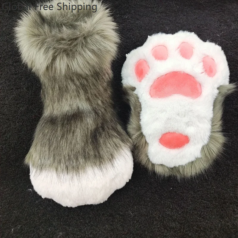 

New 1 Pair Furry Animal Paw Shoes Plush Cosplay Costume Cat Paw Shoes Fursuit Foot Socks Nail Tiger Claws For Halloween Party