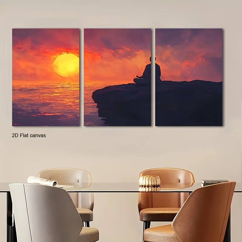 [2D Flat] 3pcs Meditator at Fiery Sunset Cliff Canvas Wall Art | Framed and Ready to Hang, Suitable for Room, Office, Home, W