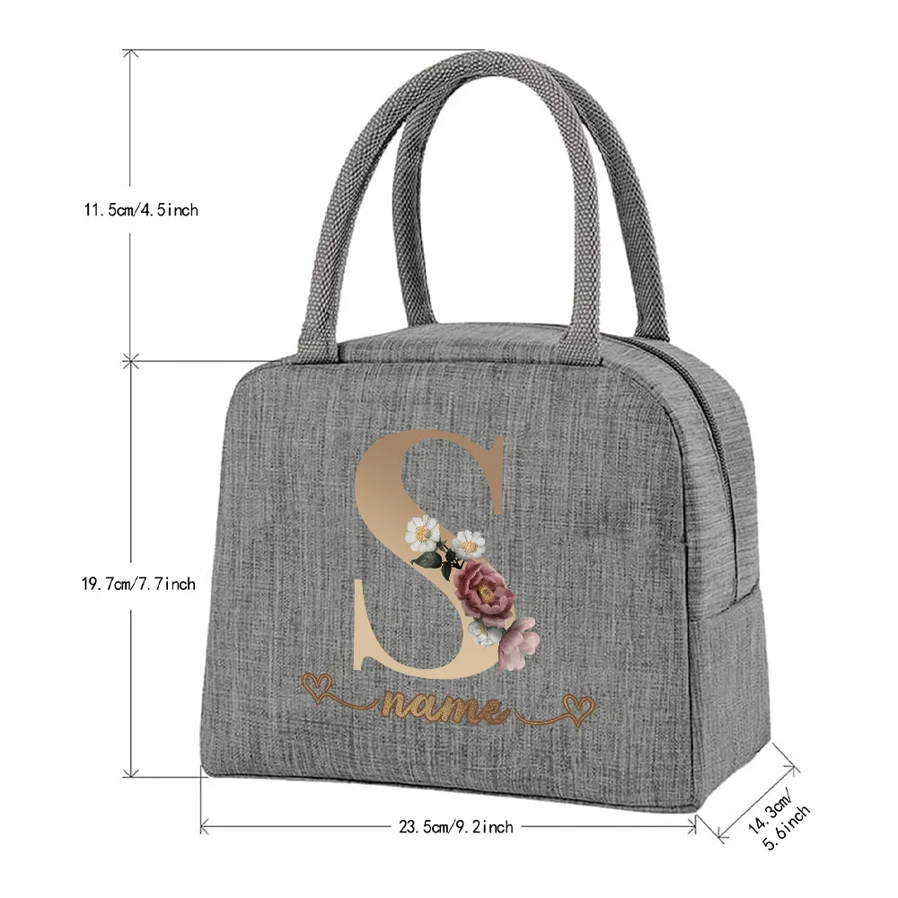 Customized Gray Insulated Lunch Bag Bento Bag Aluminum Foil Rose Gold Letter Pattern Insulated Lunch Box Camping Picnic Food Bag