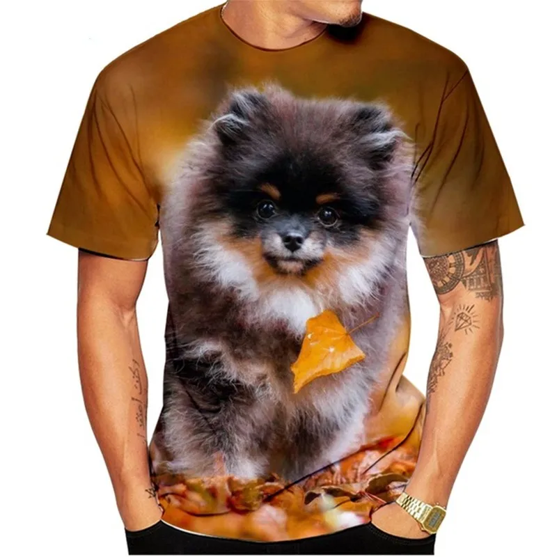 Summer Cute Funny Pomeranian Dogs 3d Printing Fashion Casual Round Neck Short Sleeve Breathable Loose Casual Oversized Tops