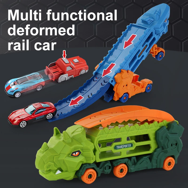 Wielofunkcyjny zestaw zabawek z deformowanymi wagoneskami: tor dla dinozaurów, transformujące się samochody i rampa startowa - idealny na Boże Narodzenie, Halloween