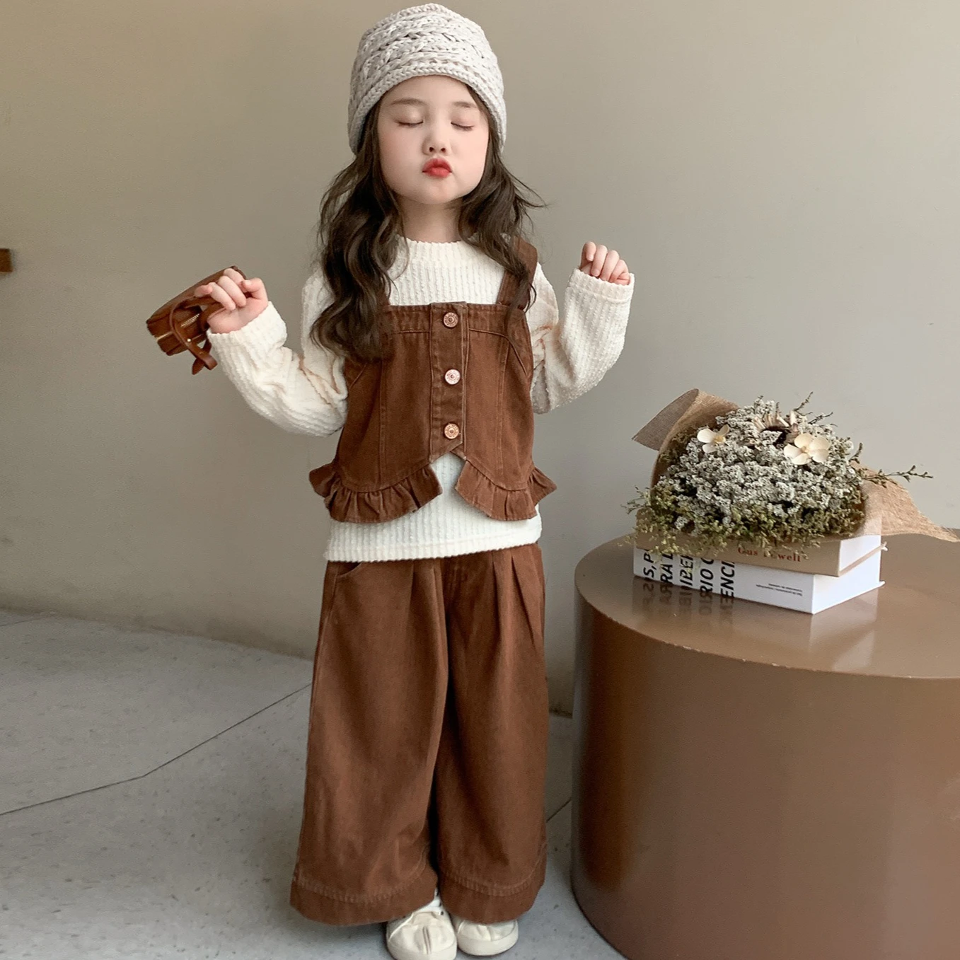 

Girls Suit 2025 Autumn New Children's Clothing Girl Baby Fashion Bottom Shirt Suspender Waistcoat Wide Leg Pants Three Sets