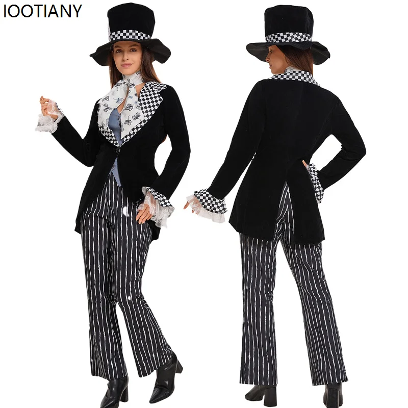 Halloween Alice In Wonderland Crazy Hat Suit Black And White Plaid Circus Magician Cosplay Costume Carnival Party Stage Dress Up