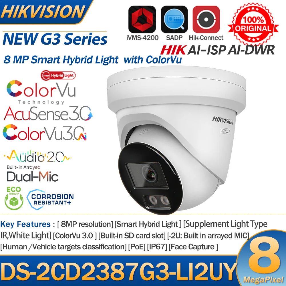 

Hikvision DS-2CD2387G3-LI2UY 8-мегапиксельная IP-камера Smart Hybrid Light ColorVu Встроенный двойной микрофон 4K 24/7 Красочная сетевая камера с турелью