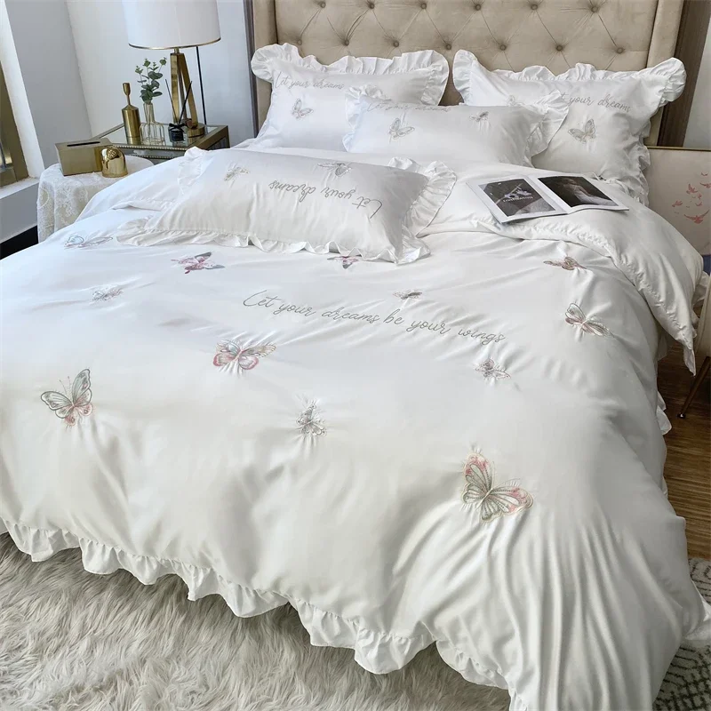 Little Fresh Princess Embroidery Washed Ice Silk Quilt Cover Four-piece Sheet Set Korean Version Lace Girl Heart Bed