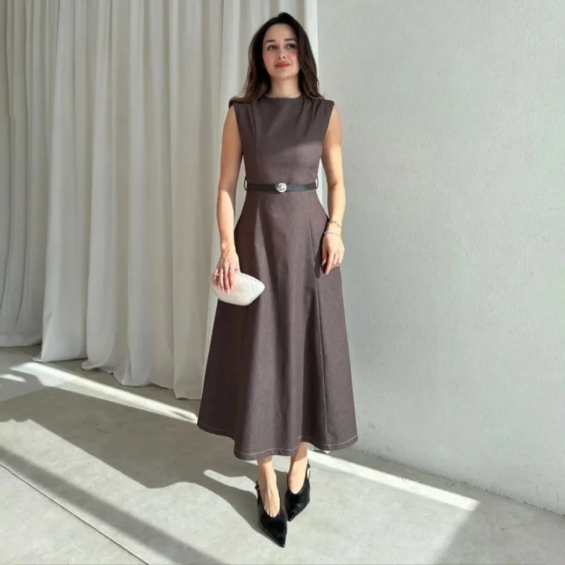 

2026 New Women Solid Color Sleeveless Round Neck Belt Bodycon Long Dress Fashion Elegant Temperament Womens Outfit