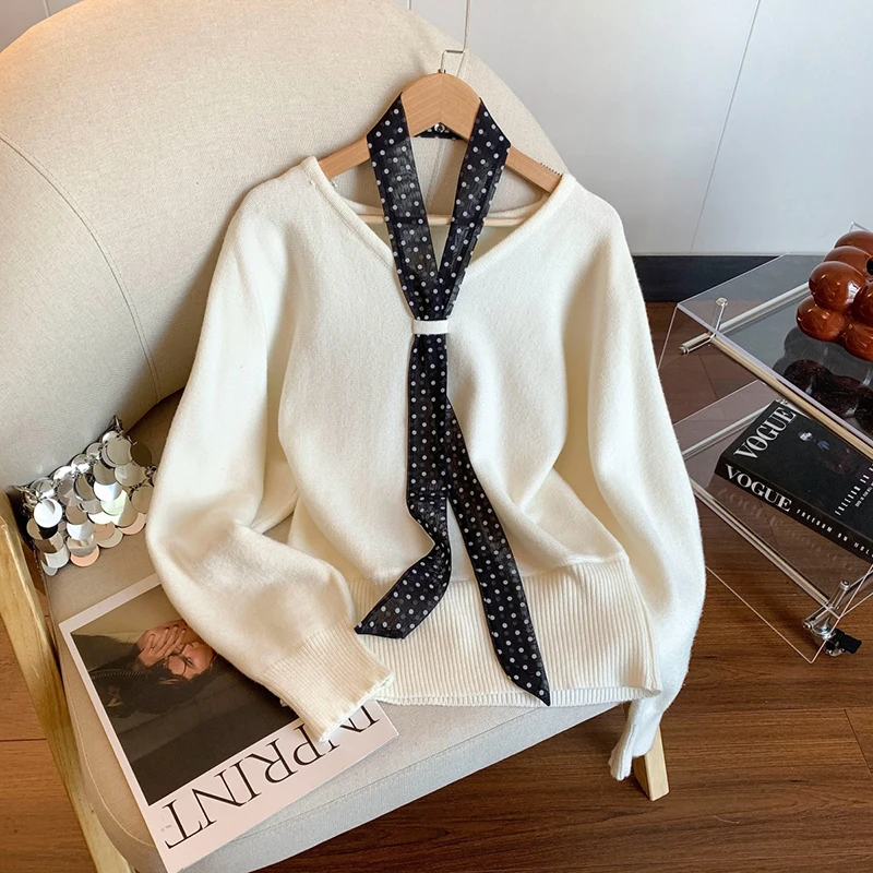 

French style temperament polka dot scarf knitted sweater women's autumn winter new gentle and versatile fashion pullover