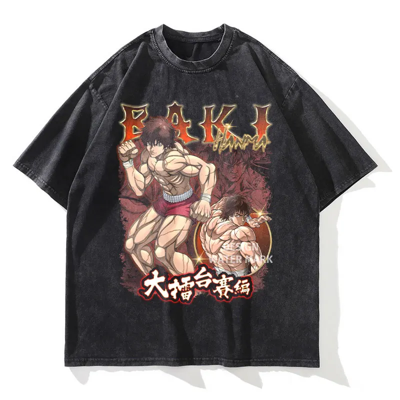 

Anime Baki T Shirt Vintage Washed Hanma Yuujirou T-shirts Streetwear Manga Tops Tees DTG printing Men Girl 100% Cotton