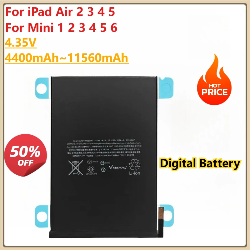 

Digital Battery 4.35V 4400mAh~11560mAh For iPad Air 2 3 4 5 A1484 A1547 A2134 For Mini 1 2 3 4 5 6 A2114 A2522 A1445 A1512