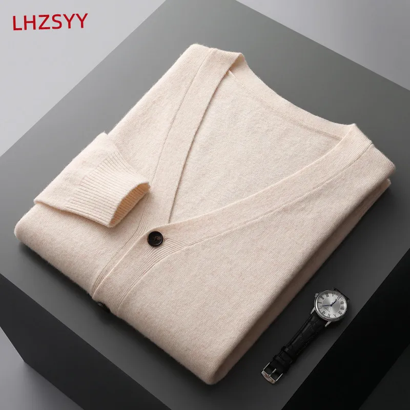 LHZSYY-cárdigan 100% de lana pura para hombre, suéter de cachemira, chaqueta de punto de manga larga, Color sólido, Top de alta calidad, Otoño e