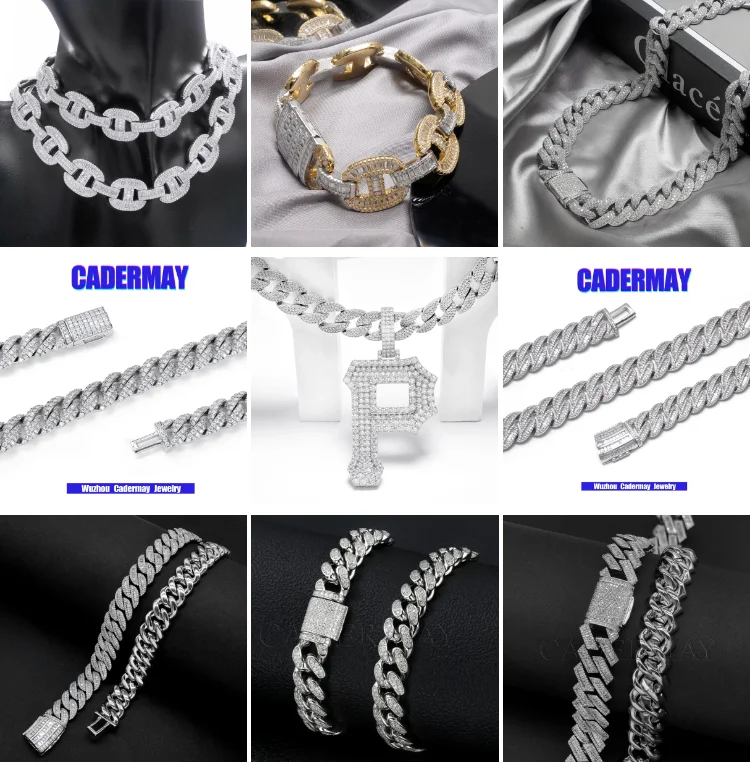 Silver Cadermay 925 Custom Cuban Chain Necklace 14mm 16mm Men Micro Pave Bling VVS Moissanite Diamond Pig Nose Link Chains.