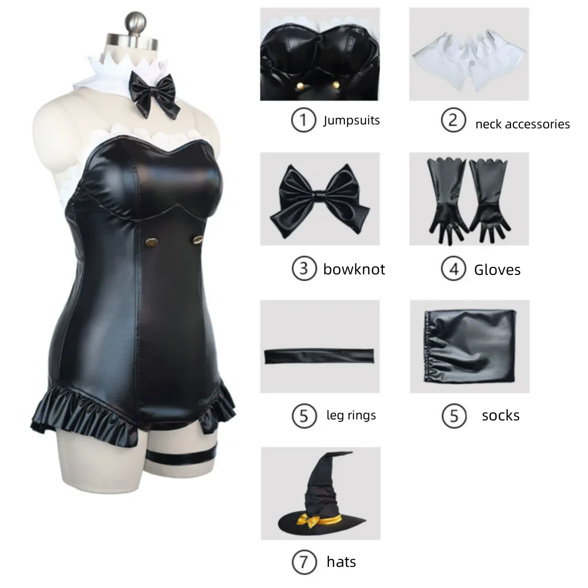 Cosplay Costume Bunny Girl Sexy Black Jumpsuit Pu Leather Wig Women Party Suit 2025 Black