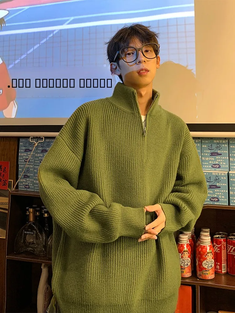 

een Zipper Stand Collar Loose Men's Knitted Sweater Spring Autumn Faionable Casual Long Sve Turtlene Top