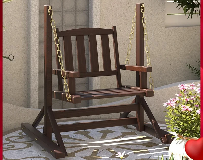 Weather-Resistant Wooden Hanging Swing Chair, Outdoor Balcony Garden Single Seat, Solid Wood Porch Swing