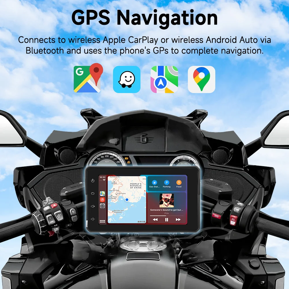 Motorcycle Gps Navigation Hd Screen Bluetooth Ipx7 Waterproof Tire Pressure Monitoring Wireless Apple Carplay Android Auto 4.8''