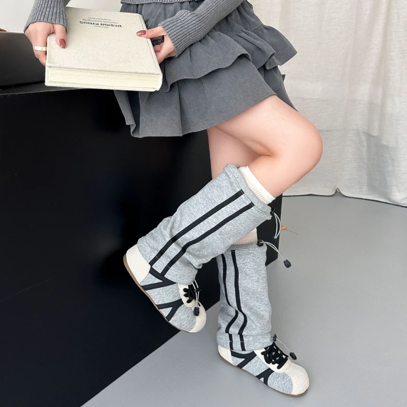 Women's Autumn and Winter Trend Stitching Design Round Head Boots 2026 New Fashion Stripe Design Leisure Sleeve Fashion Boots