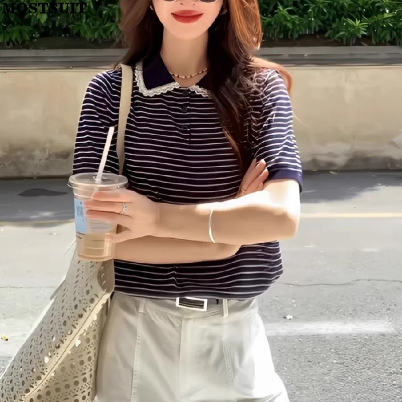 2025 verão listrado camisola de malha camisetas femininas rendas emendadas manga curta moda coreana solta senhoras malhas camisetas jumpers