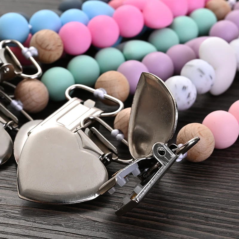 1Pcs Heart Metal Baby Nipple Clips Silicone Round Teether Beads Pacifier Chain For Baby Teething Nursing Safe Chew Toys BPA Free