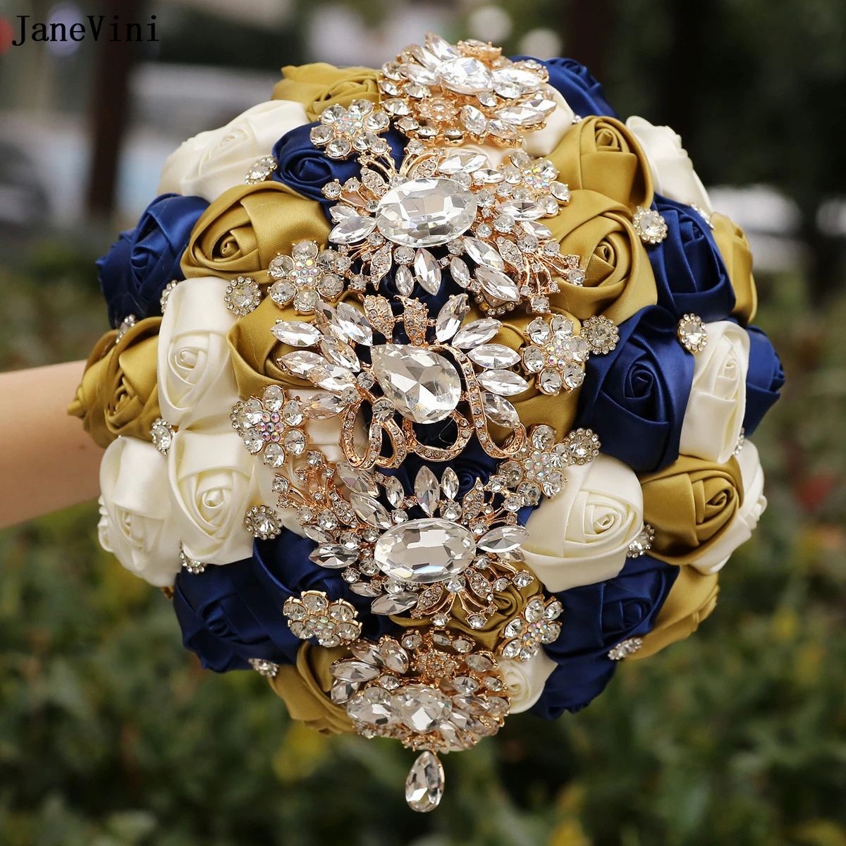 JaneVini Customized 2025 Wedding Bouquets Bling Rhinestone Crystal Artificial Light Gold Navy Satin Roses Bride Flowers Bouquet