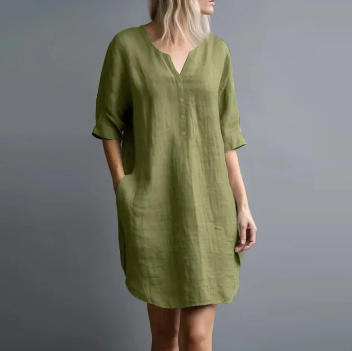 Frauen Hemd Kleid 2024, Sommer Vestidos Casual V-ausschnitt 3/4 Hülse Lose Einfarbig Knie-länge Sommerkleid Vintage Robe femme