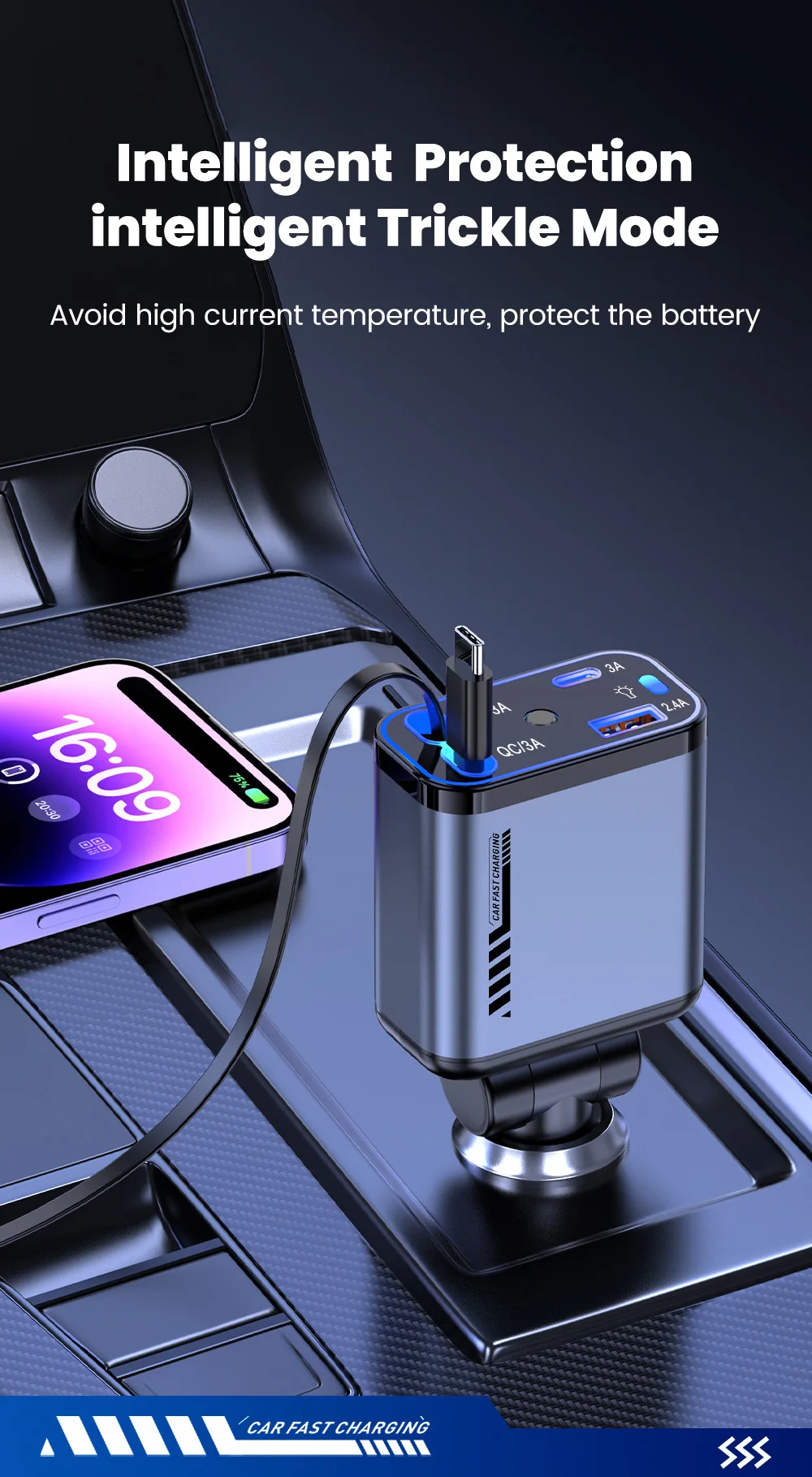 4-in-1-Autoladegerät mit Sternenhimmel-Spotlight, einziehbares Autoladegerät mit Ladekabel und 2 Ladeanschlüssen, universelles Autoladegerät – Detail 6