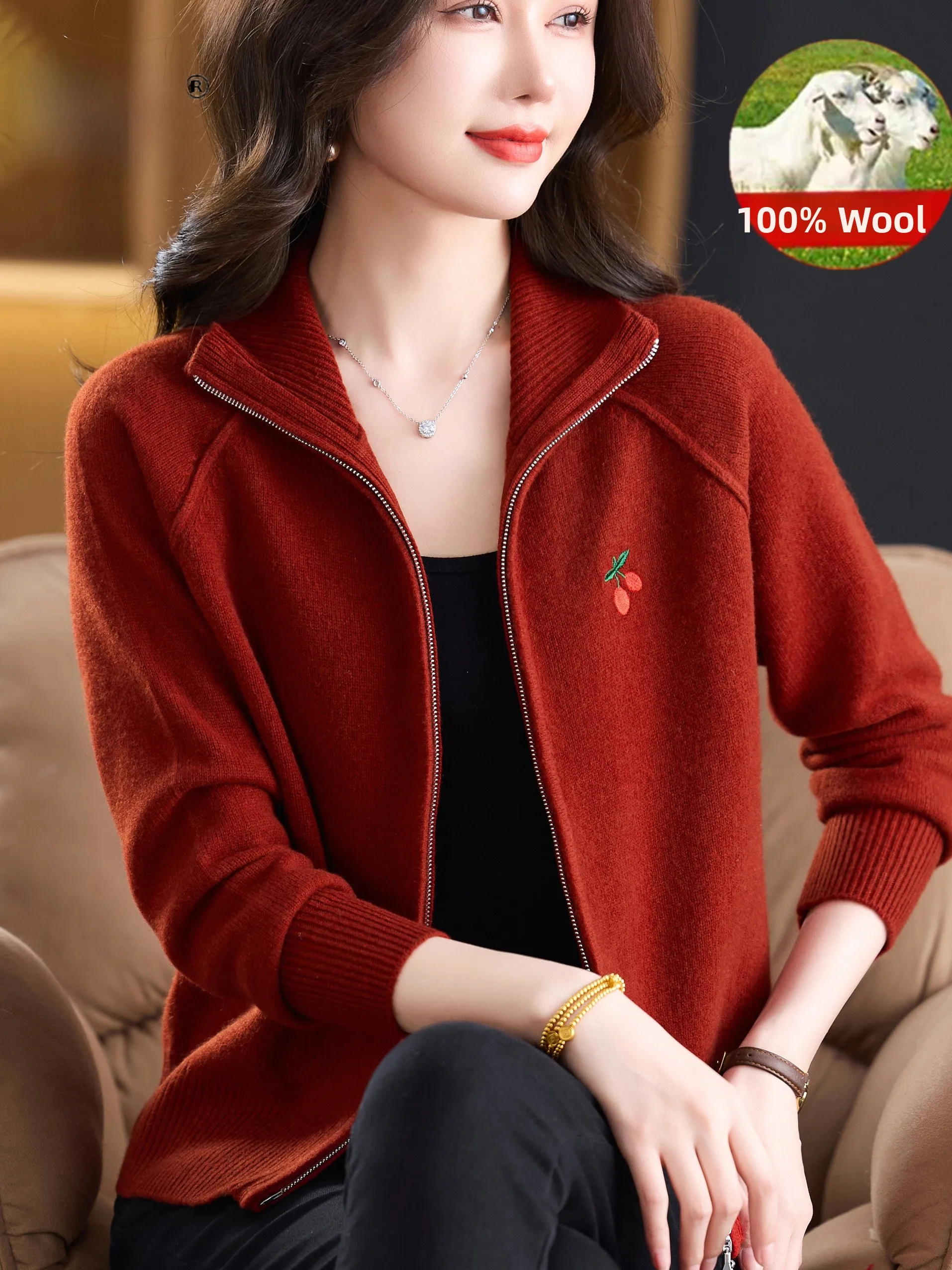 

00 Pure Wool Zipper Knitted Open Cardigan Women's Spring Autumn Anti-Aging Outerwear Mom Sle Versatile Mid-Aged And l...