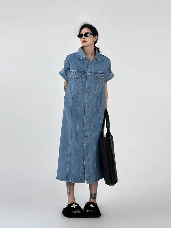 

Джинсовое платье-рубашка больших размеров (до 300 фунтов) в корейском стиле, омолаживающее, стройнящее, летнее, ретро, в гонконгском стиле, с отложным воротником