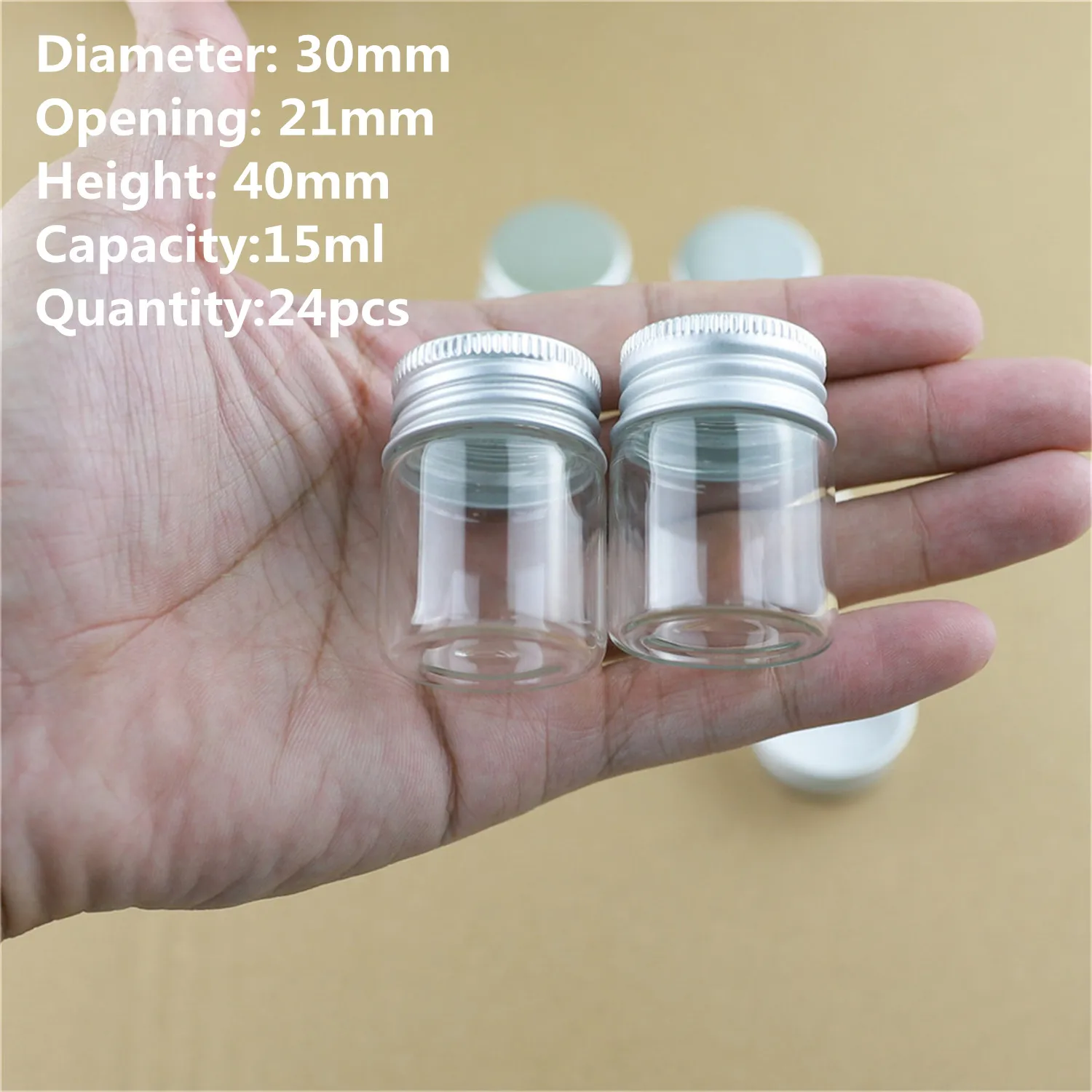 24 PCS/lot 30*40mm 15ml Cute Small Glass Bottles Aluminum Caps Glass Tiny Jars Vials Transparent Glass Containers Bottles