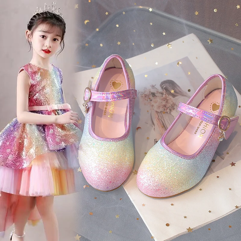 

Girls Rainbow Glitter Princess Mary Jane Shoes Low Heel Party Dress Footwear Kids Soft Toddler Big Child Size Toddler Shoes Girl